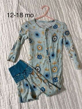 Posh Peanut Light Blue & Gold Evil Eye Footed Pajama Set